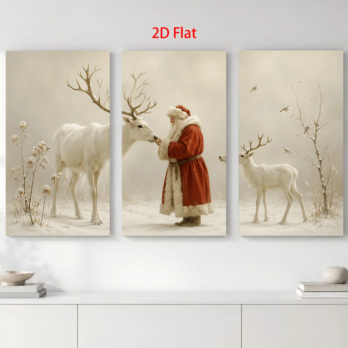Frameless 2D Flat 3PCS- Three panels show Santa with reindeer in snowy scenes and birds on trees. Themed Canvas Wall Art, Wat