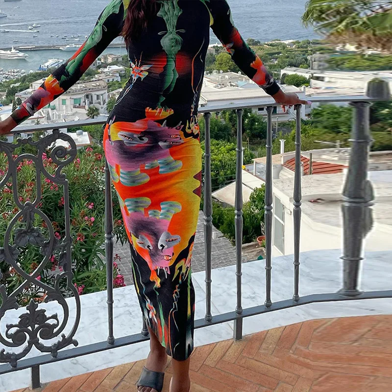 

2023 Print Long Sleeves Graphic Patchwork Sexy Slim Maxi Prom Dress Fall Women New Casual Streetwear Party Y2K Clothes