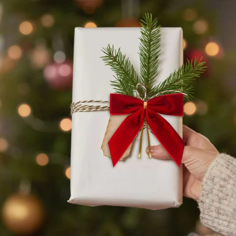 Cinta de terciopelo, lazo navideño, juego de 24 decoraciones colgantes para árbol de Navidad, coronas para envolver regalos, manualidades, decoración interior y exterior para el hogar