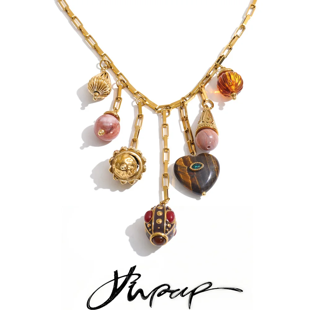 Yhpup Stainless Steel Natural Stone Round Heart Drop Charm Necklace Autumn Winter Style Statement Fashion Jewelry