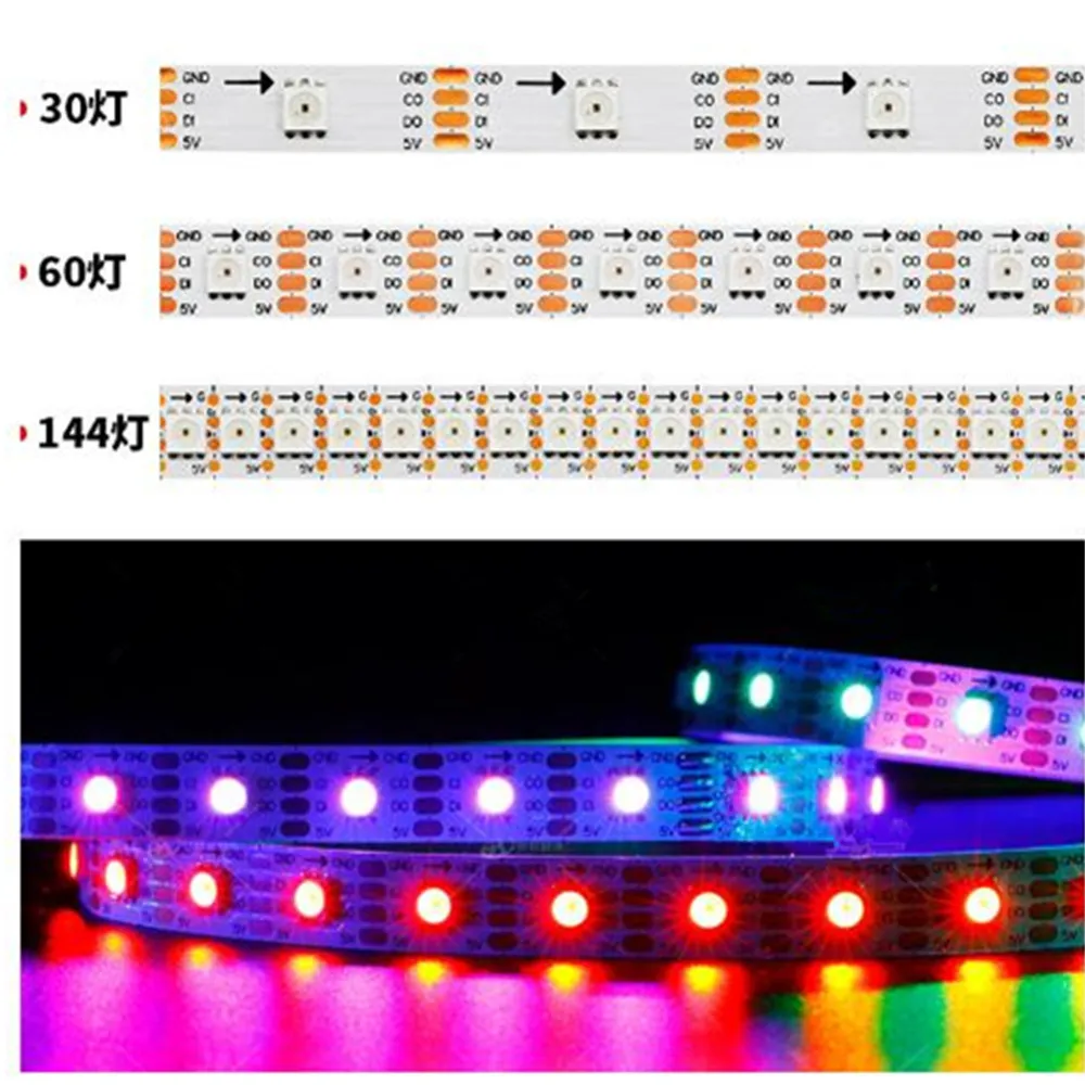 APA102 SK9822 30/60/72/96/144Leds/Pixels/m Smart RGB Led Pixel Strip DATA and CLOCK Seperately DC5V IP30/IP65/IP67