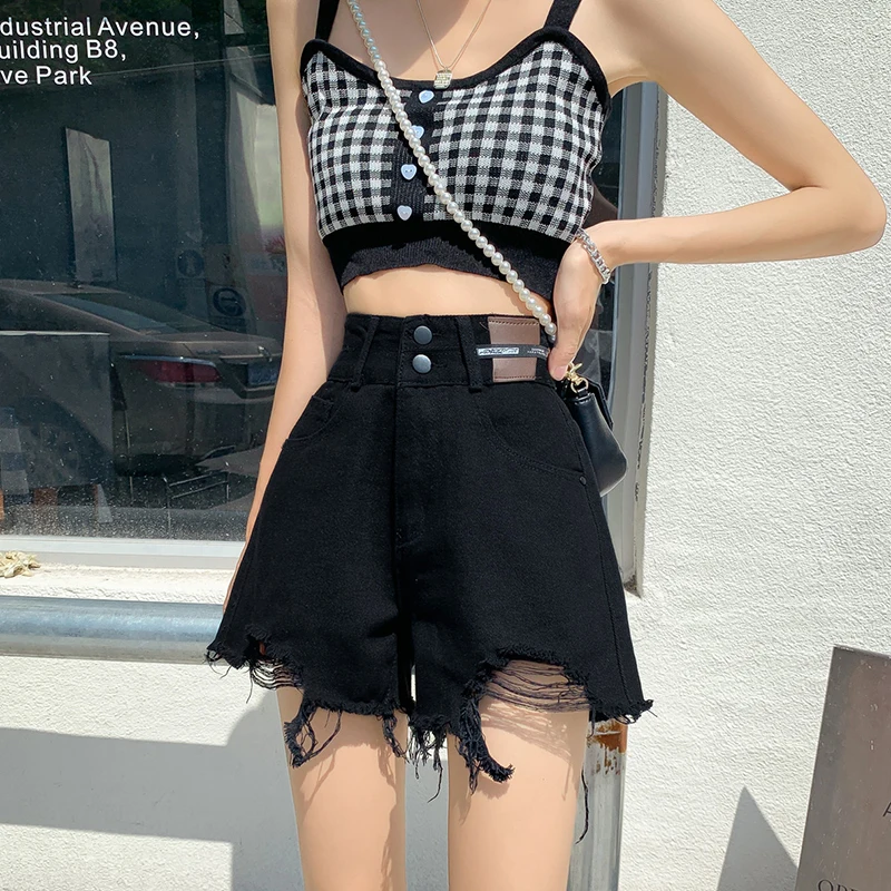 Fashion Zipper Solid Color Hole Denim Casual Shorts Female Clothing 2024 Summer New Loose All-match High Waist Shorts