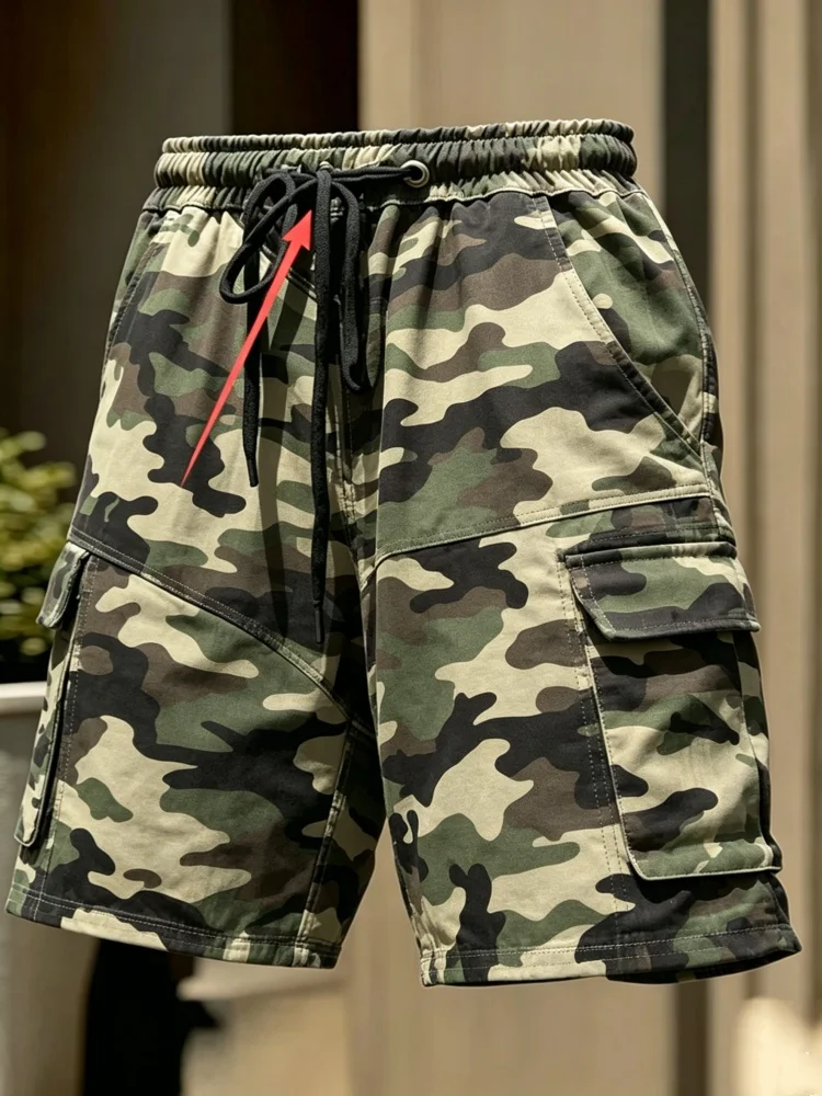 

Men Classic Woodland Camo Multi Flap Pocket Cargo Shorts Elastic Drawstring Waist Casual Outdoor Shorts