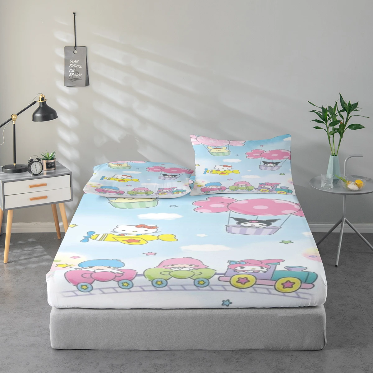 Juego de sábanas de 3 piezas con estampado digital de alta definición con diseños de dibujos animados de Hello Kitty, My Melody, Pompompurin y Little Twin Stars, juego de sábanas con estampado floral grande, incluye 1 sábana bajera + 1/2 fundas de almohad