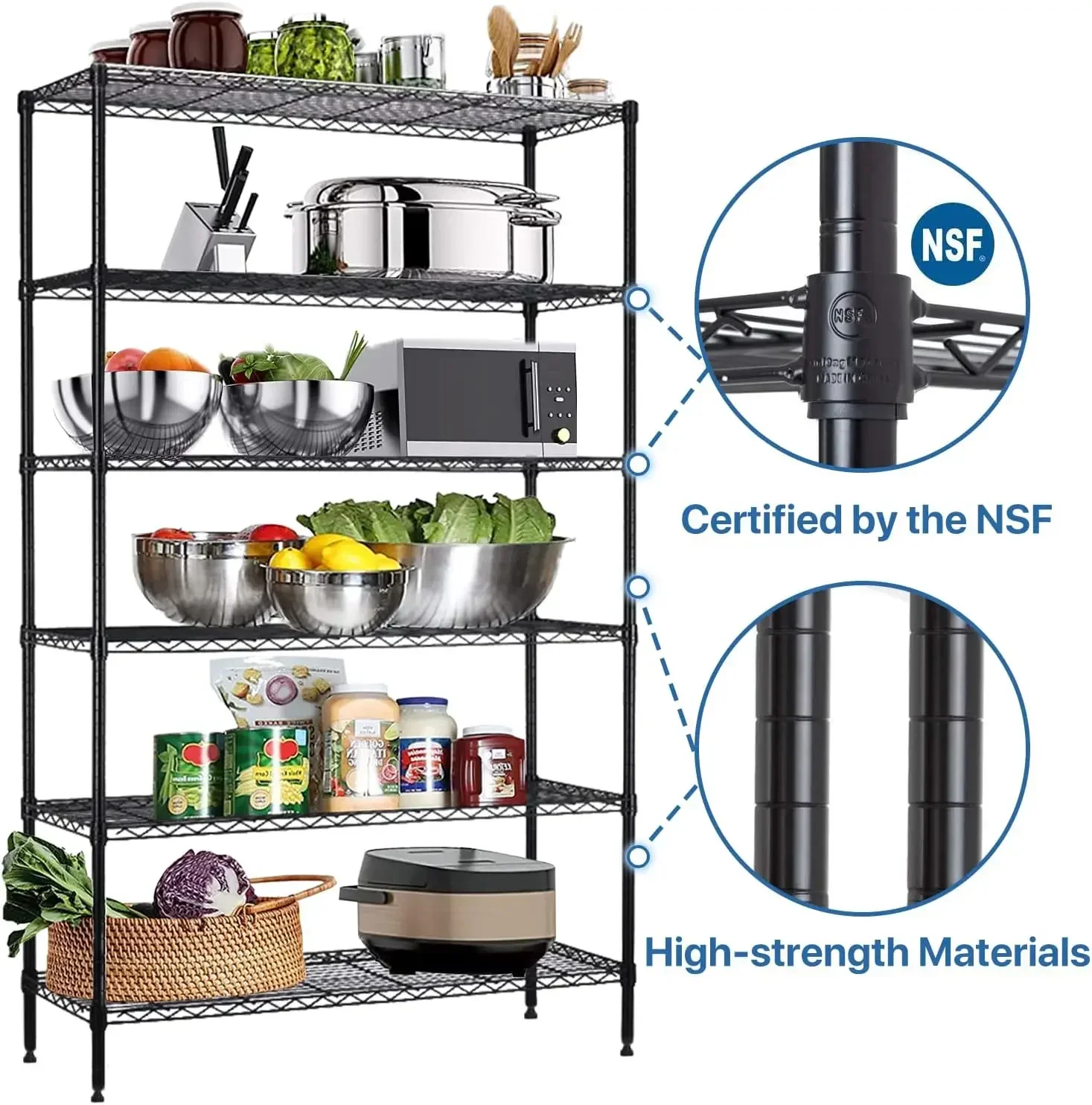 

-6-Tier Wire Shelving Metal Utility Steel Storage Shelves 42" L x 16" W x 72" H Shelf Unit Organizer Rack, Black