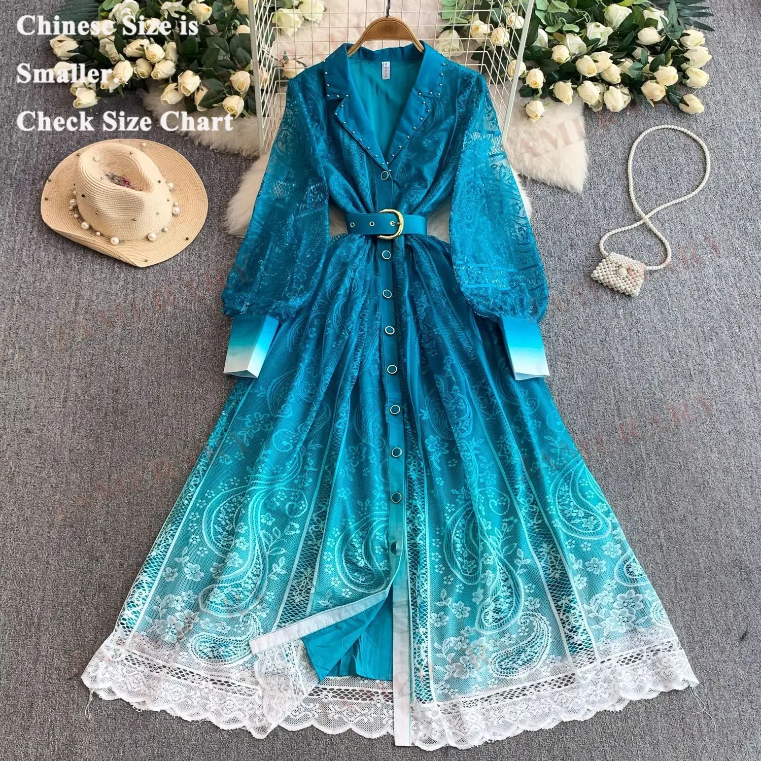 エレガントな秋のロングスリーブ花柄マキシドレスシャツ、女性用、透かし彫り刺繍レースドレス、パーティーブランド