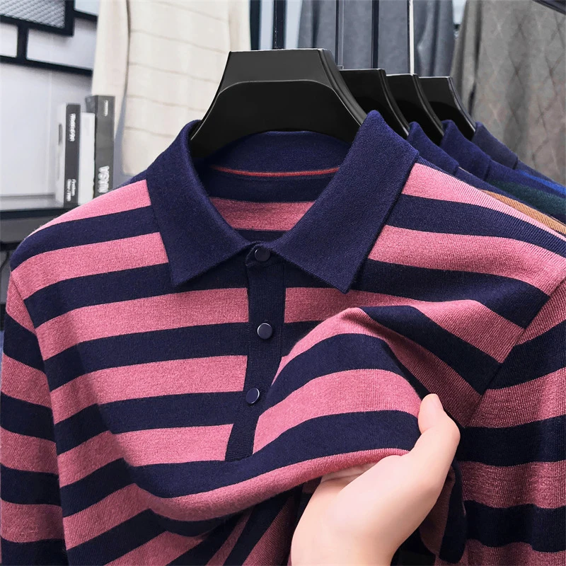 

Мужские топы из овечьей шерсти, высокое качество, весна-осень, широкие полоски, свитер с воротником-поло, джемпер с длинными рукавами, шерстяной пуловер, вязаные футболки