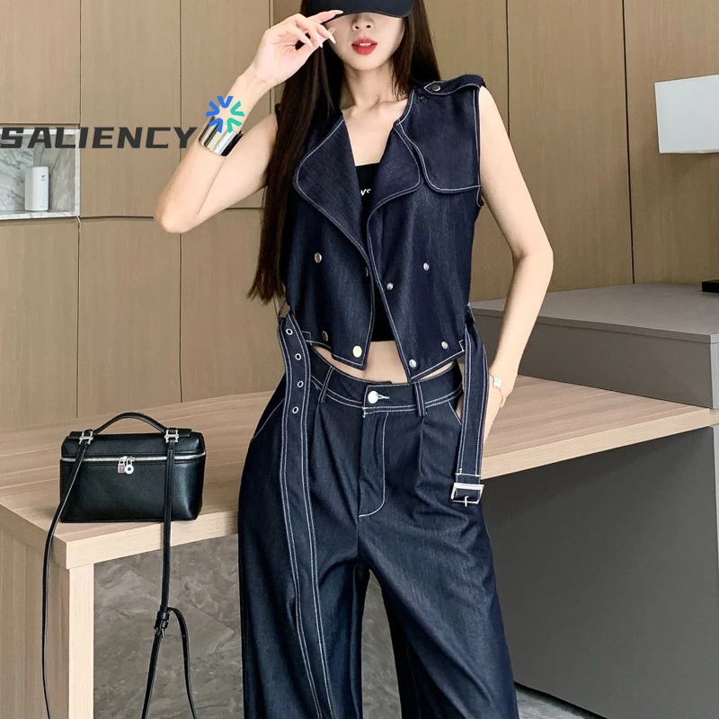 

Vintage Tencel Denim Suit Women Summer Fashion Vest Top Summer Wide-legged Pants Two-piece Set