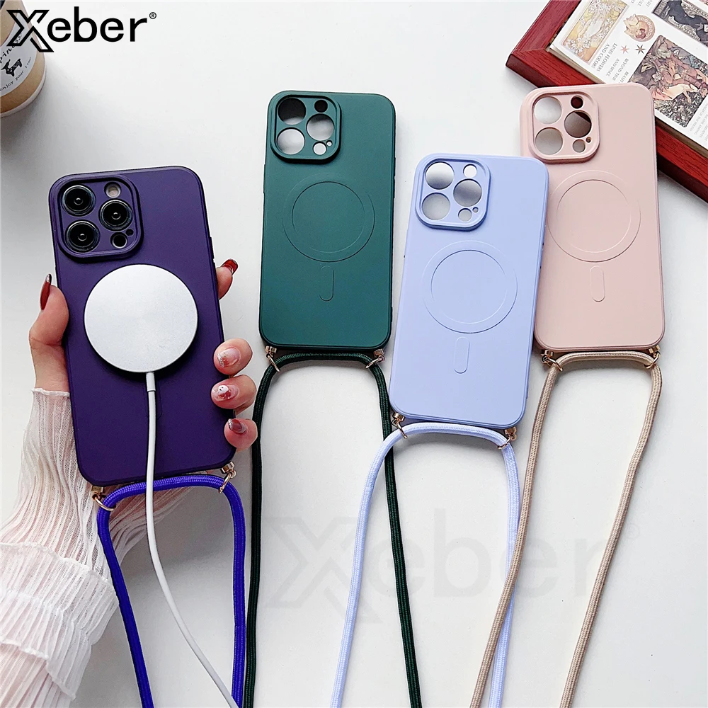 Crossbody Lanyard Soft Silicone Phone Case For iPhone 16 15 Pro Max 14 13 12 11 XR XS For Magsafe Wireless Charging Matte Cover