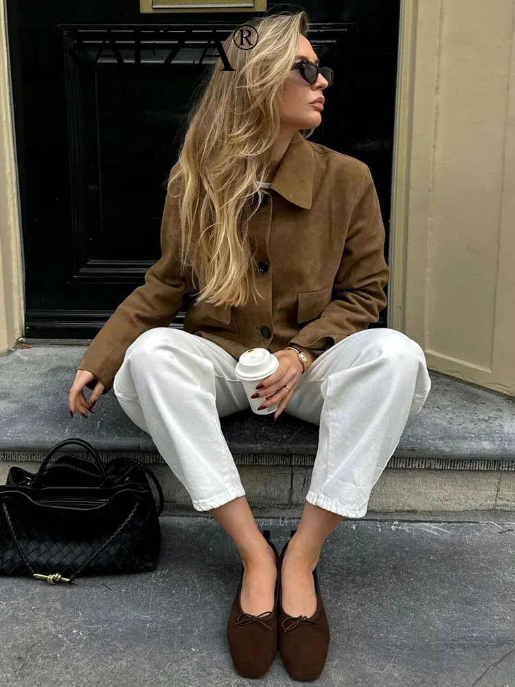 

TRAFZA New Fall Vintage Suede Coats For Women Solid With Pockets Lapel Single Breasted Long Sleeves Autumn Street Fashion Jacket