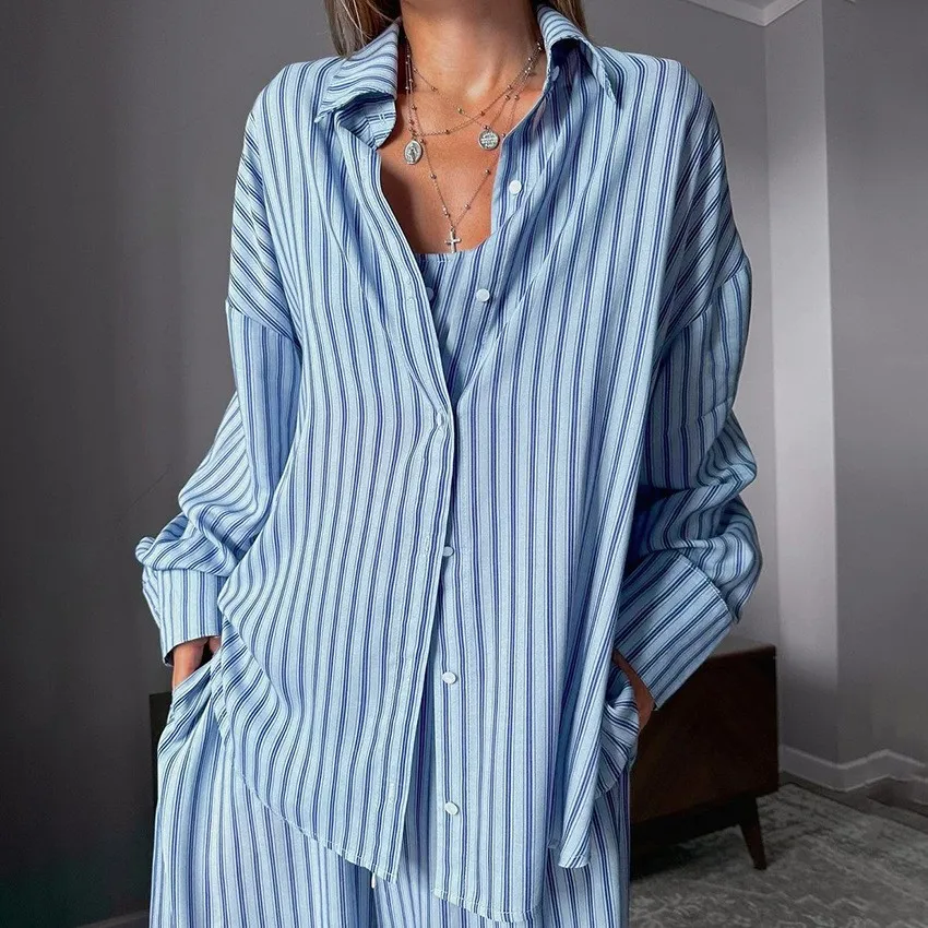 Women's Pajama Striped Loungewear Set Long Sleeve Wide Leg Sleepwear Set Crop Top Drawstring Homewear Set Three Piece Button view 3