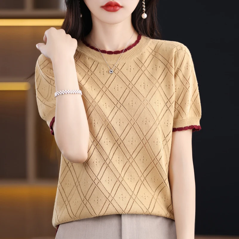 Camiseta para mujer, novedad de verano, suéter 100% de algodón, manga corta, informal, cuello redondo, Top holgado para mujer, jersey bloqueado de Color
