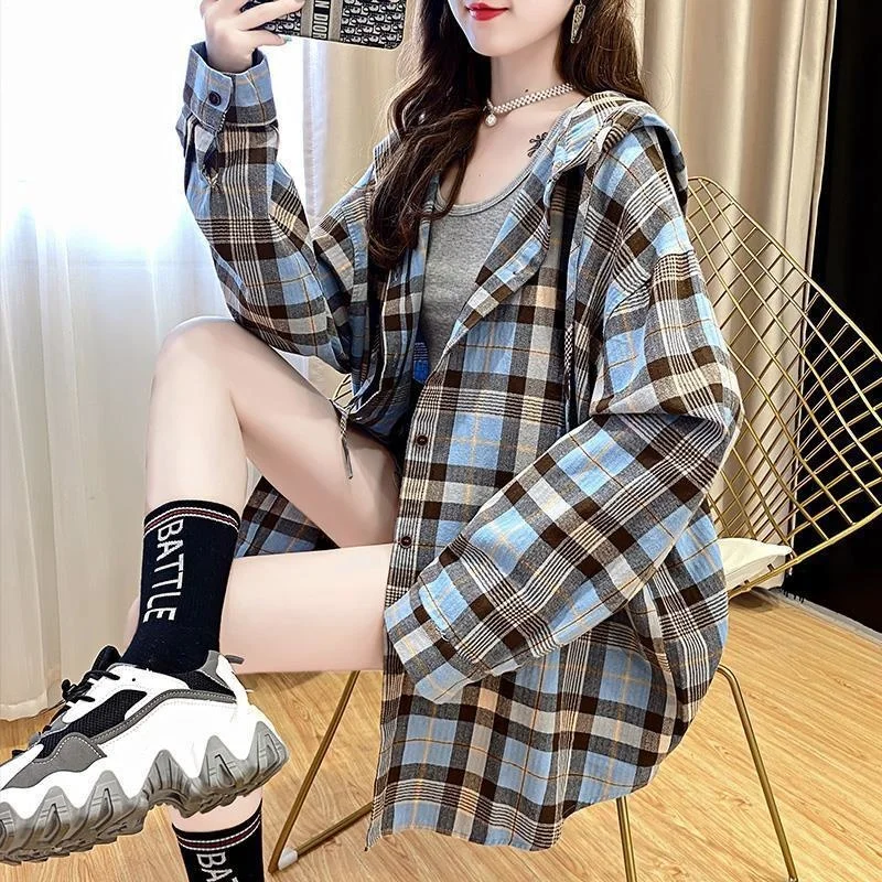 Hooded Loose Check Shirt Women\'s Port Style 2023 Early Spring New Korean Version Versatile Long Sleeve Spring Medium And Coat