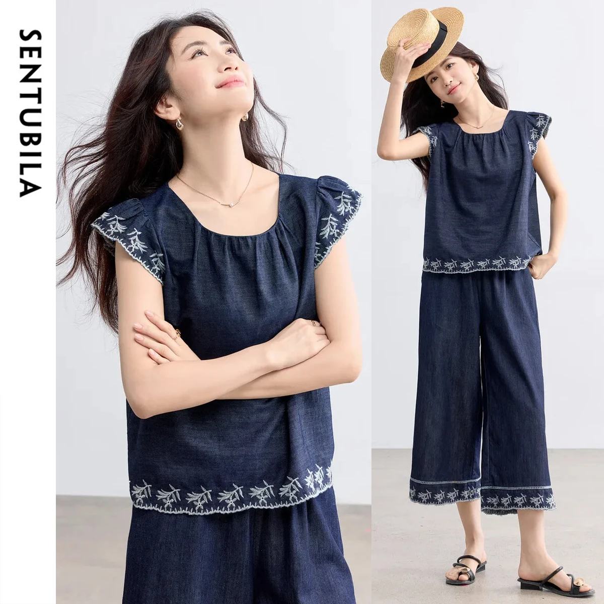 

SENTUBILA Demin темно-синие летние комплекты брюк для женщин 2025 винтажные топы с круглым вырезом с цветочной вышивкой до щиколотки женские брюки W52ZC2349