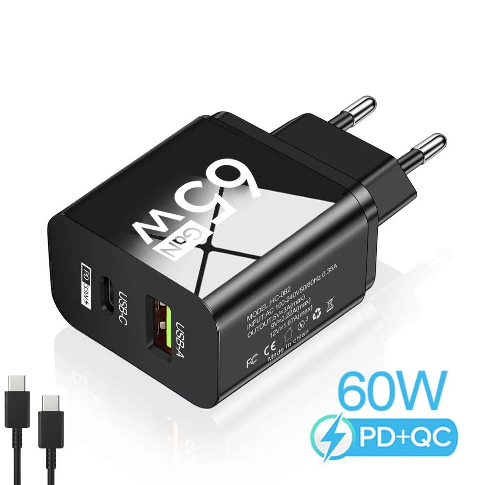 65W GaN Schnellladegerät USB-C USB-A Dual-Port PD3.0 Quick Charge Adapter für iPhone Samsung Xiaomi Laptop EU US Stecker Reise