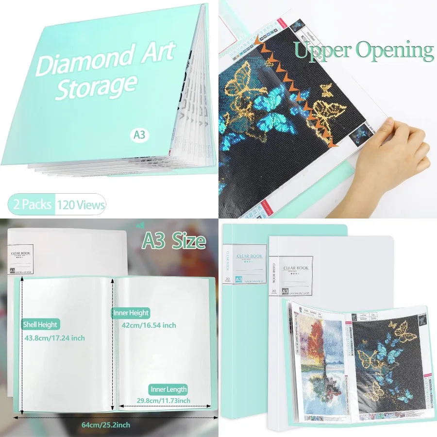 Libro de almacenamiento de pintura de diamante A3, libro de presentación de almacenamiento de arte de diamante grande de 30x40 con 60 páginas, arte de pintura de diamante P, 2 paquetes