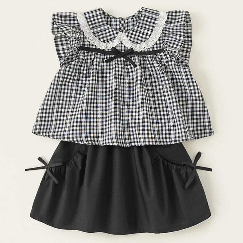 2Piece Sets Summer Baby Girl Clothes Korean Fashion Plaid Doll Collar Sleeveless Cute Tops+Skirt Boutique Kids Clothing B096