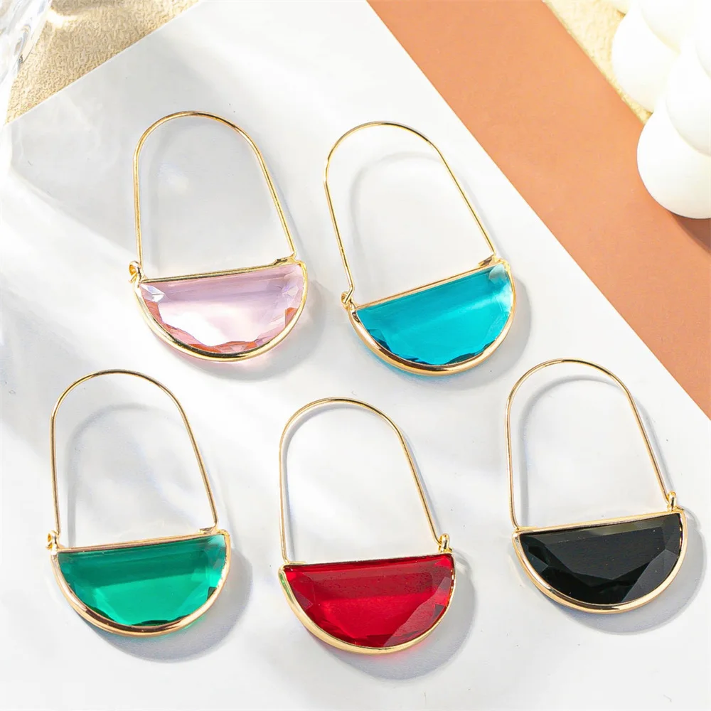 1Pair Vintage Multicolor Crystal Glass Half Circle Pendant Earrings For Women Irregular Eardrop Daily Party Accessories