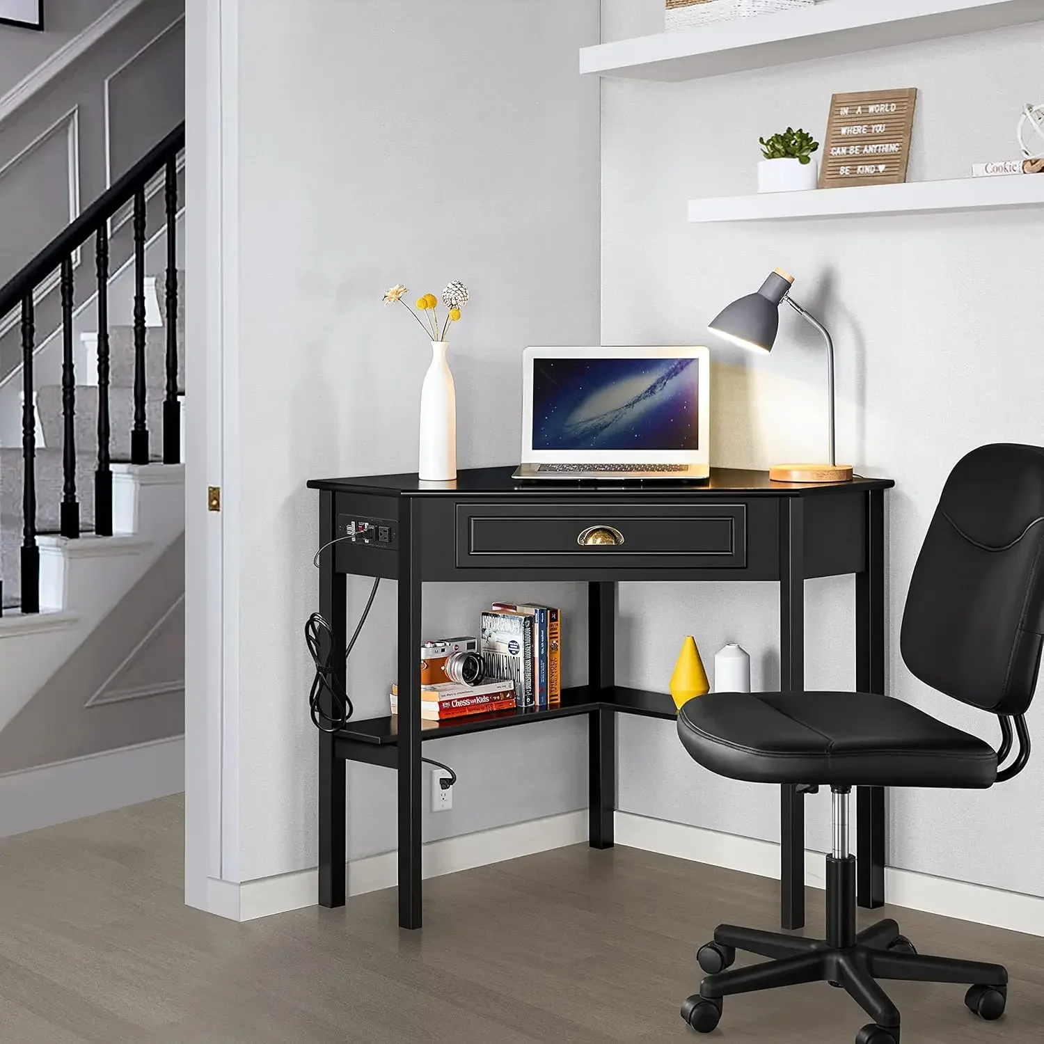 [New Arrival!]L Shaped Computer Desk Corner Table with Charging Station Outlets for Small Space, 90 Degree Triangle Desk Home Of