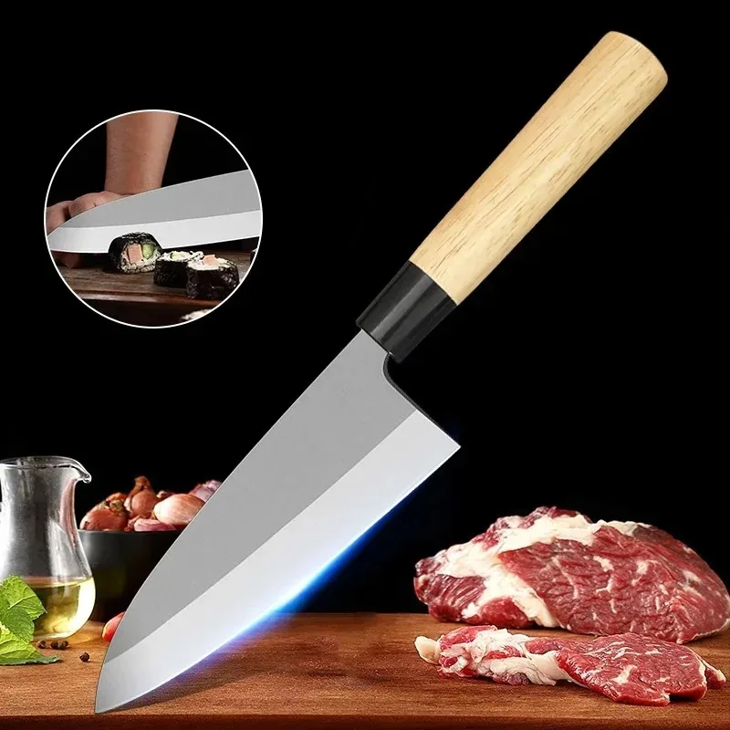 Image of Japanisches Küchenmesser, Kochmesser aus Edelstahl, Holzgriff, geschmiedetes Fleisch, Hackmesser, Küche, Fischfilet-Schneider, Sashimi-Messer
