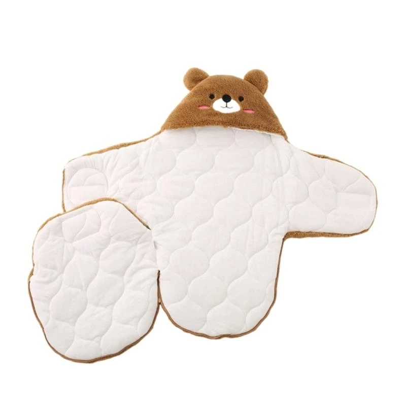 J15U Infant Swaddles Blanket for Baby with Convenient Zippered Designing Easy Diaper Changing Cartoon Bear Hooded Wrap Towel