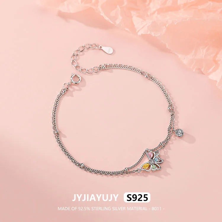 

JYJIAYUJY 100% Sterling Silver S925 Bracelet Butterfly Colorful Zircon Double Layer Design Rhodium Jewelry Gift Daily B011