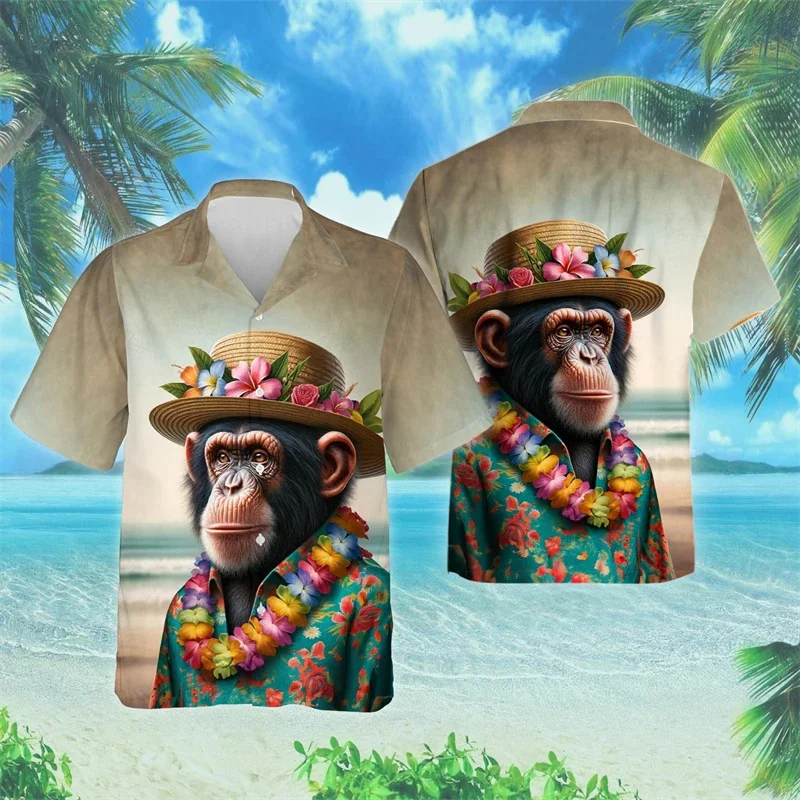 Funny Gorilla Graphic Shirt For Men 3d Print Monkey Hawaii Beach Shirts Summer Oversize Lapel Short Sleeves Street Button Shirts