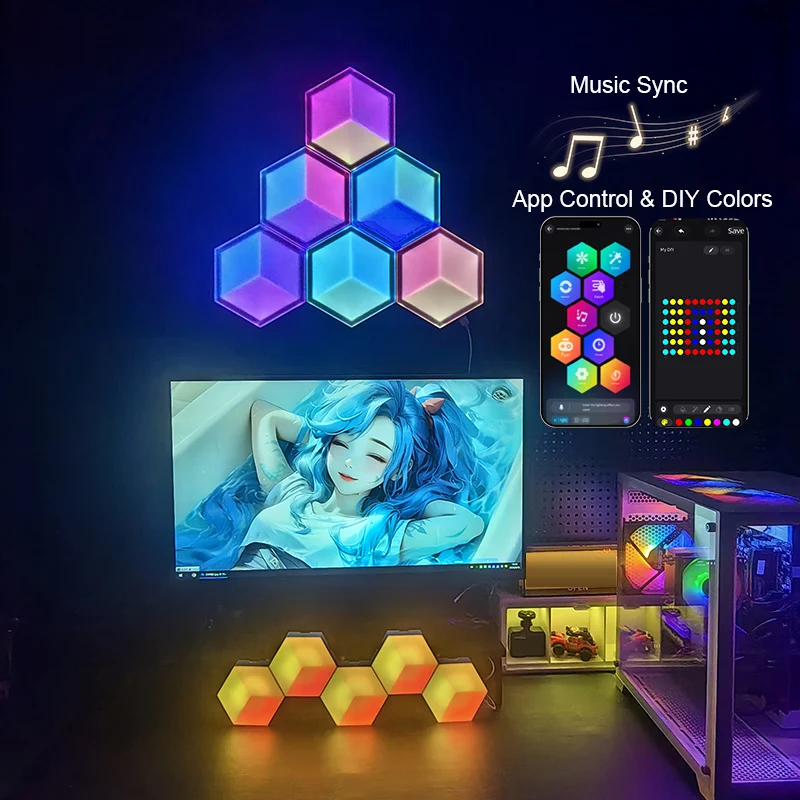 

6/10Pcs 3D Hexagon Light DIY Lighting Effects Smart LED Light Music Sync Light App Control Light WiFi Enabled for Esports Movie