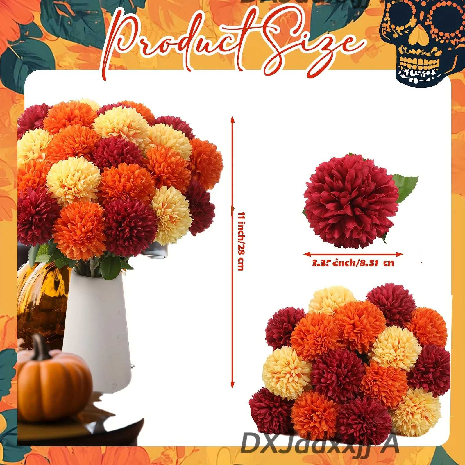 10/18 Seiden-/Kunststoff-Chrysanthemen (ohne Vase) – realistisch und farbenfroh (Orange, Rot, Gelb). Bouquets aus Ringelblumen und Chrysanthemen, geeignet für Hochzeiten, Halloween, Weihnachten, Herbsttischdekorationen – Detail 5