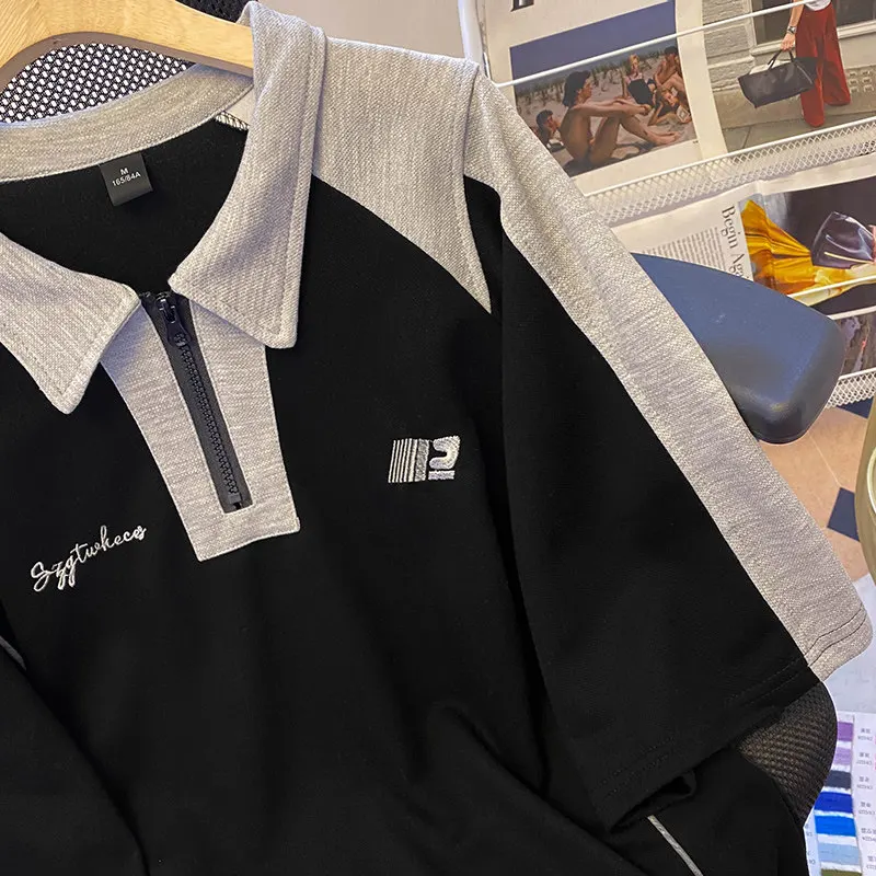 Amercian Streetwear Men's Oversized Casual Black Gray White Color Block Short Sleeve Half-Zip Polo Shirt for Summer Daily Wear