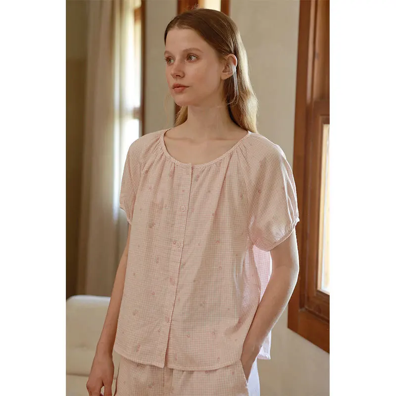 Fashion Plaid Pure Soft Cotton Shorts Pajamas Sets For Women Summer  Loose Comfortable Home Nightwear