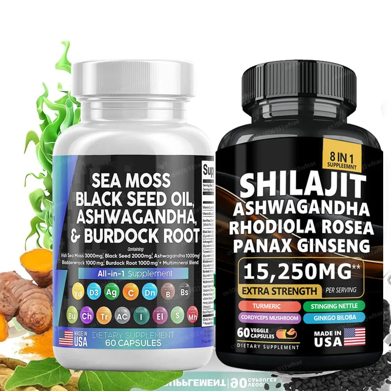 

Органические капсулы SHILAJIT 8 в 1 с Ashwagandha, 3000 мг, капсулы с морским мхом, таблетки с женьшенем, поддержка иммунитета суставов, здоровье