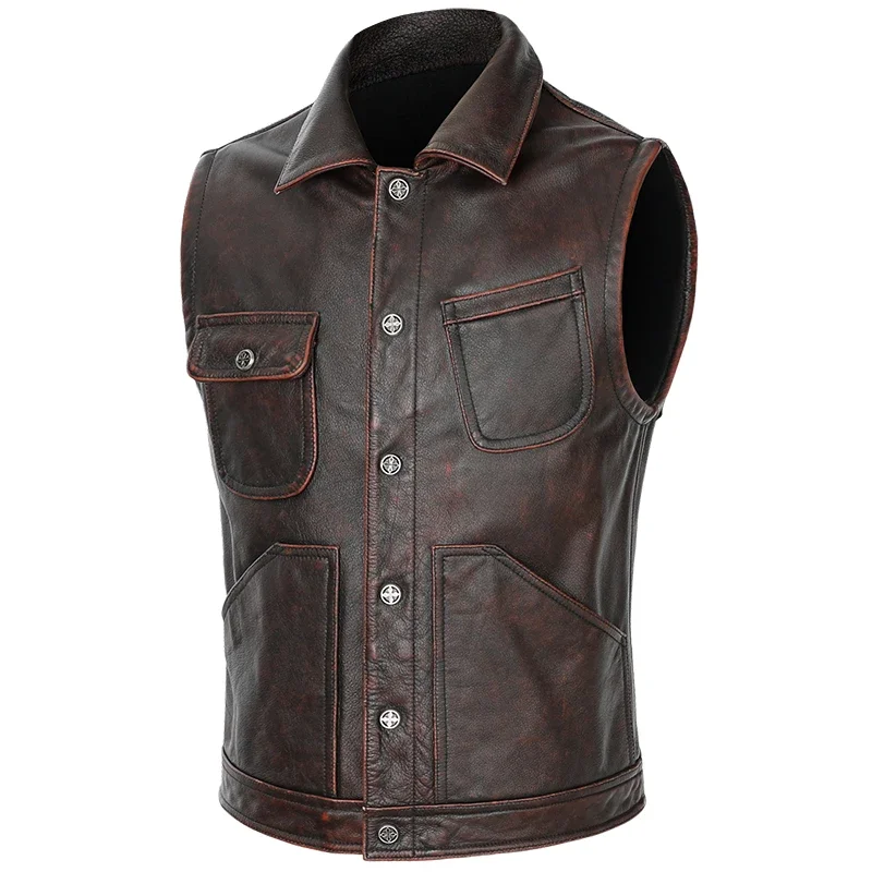 

Genuine Cow Leather Vest Men's Real Leather Motorcycle Biker Vest High Quality Vintage Brown Punk Style Sleeveless Jackets