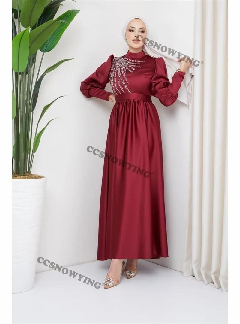 

Burgundy Satin Beaded Hijab Muslim Evening Dresses Long Sleeve Islamic Women Formal Party Gown Arabic Dubai Robes De Soirée