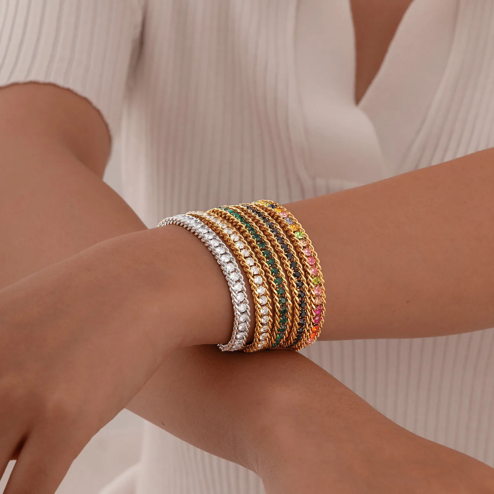 Vnox Personality Stitching Tennis Chain Bracelets for Women, Woven Cuban Link Bracelets,Cubic Zirconia Stones Row Bracelets Gift