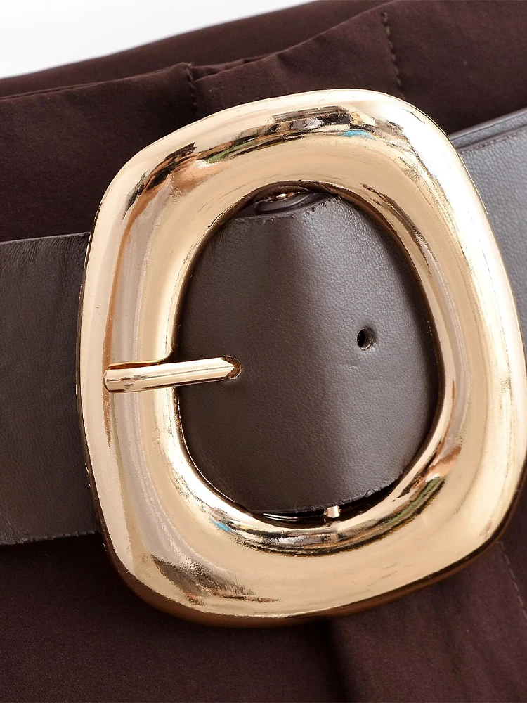 Damskie spodnie w stylu retro, szerokie nogawki, brązowe, regularny krój, z paskiem, wysoki stan, kieszenie, luźne, casualowe, wyszczuplające, długie spodnie w stylu high street.