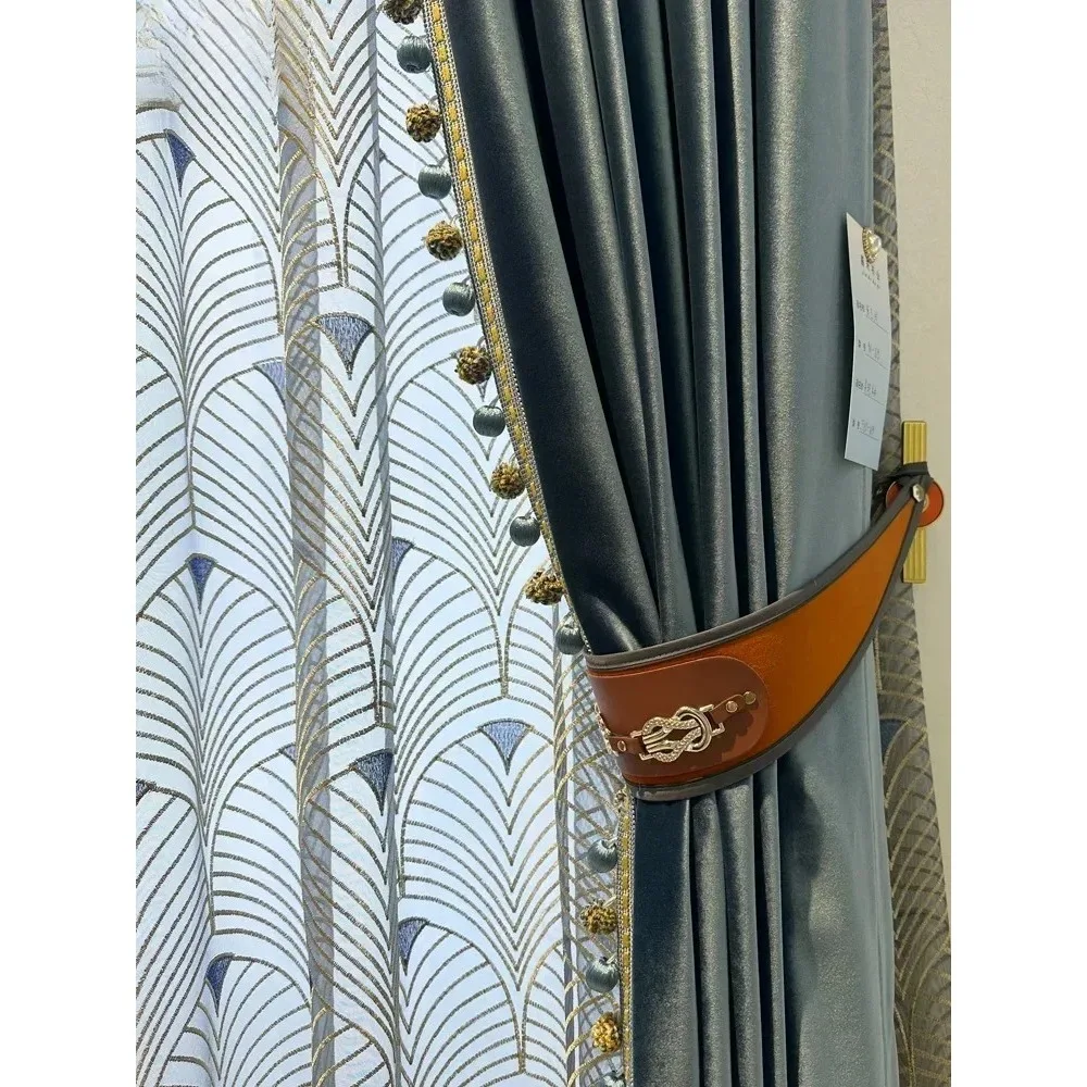 High End Embroidery Gauze Blue Velvet Blackout Curtains For Living Room Bedroom French Window Balcony Customized Products
