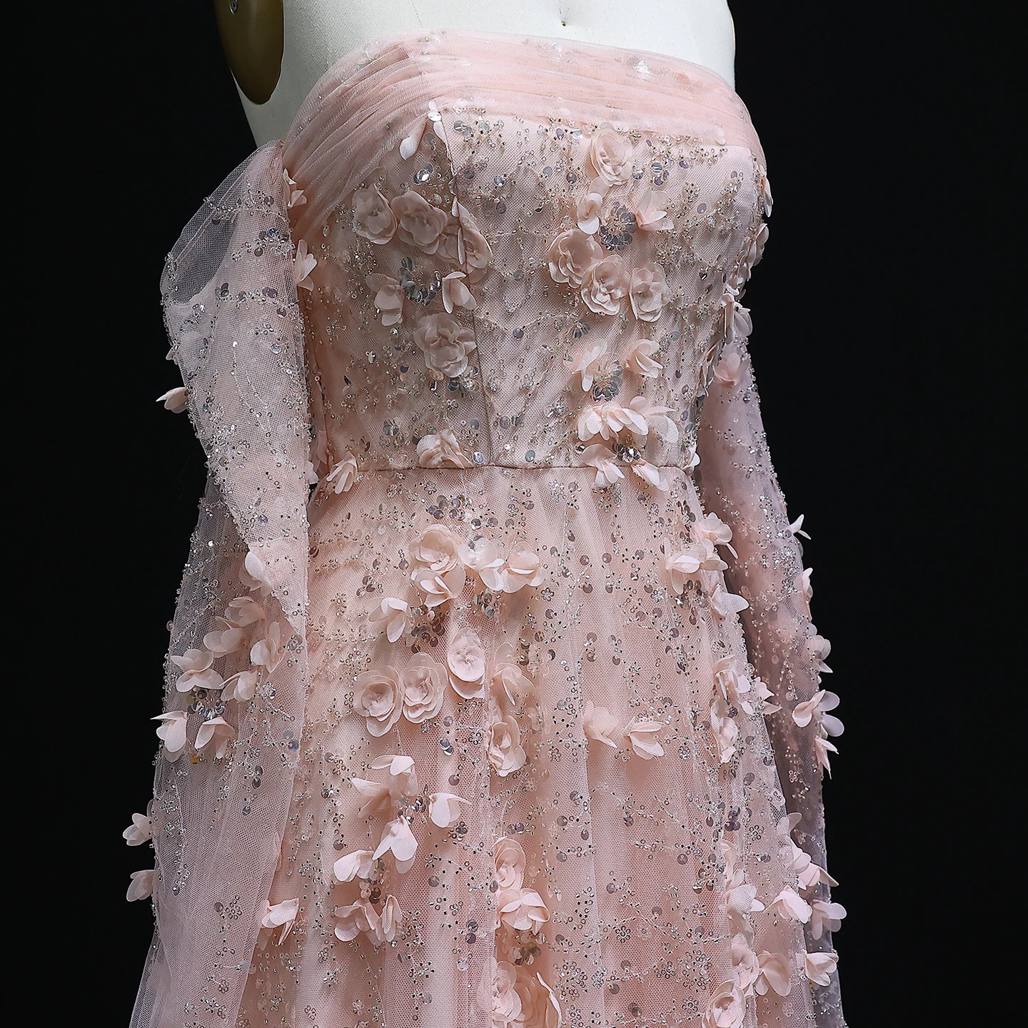 Sharon Said Elegant Blush Pink 3D Flowers Strapless Evening Dress with Long Sleeves Arabic Women Wedding Party SS344 Customized image 3