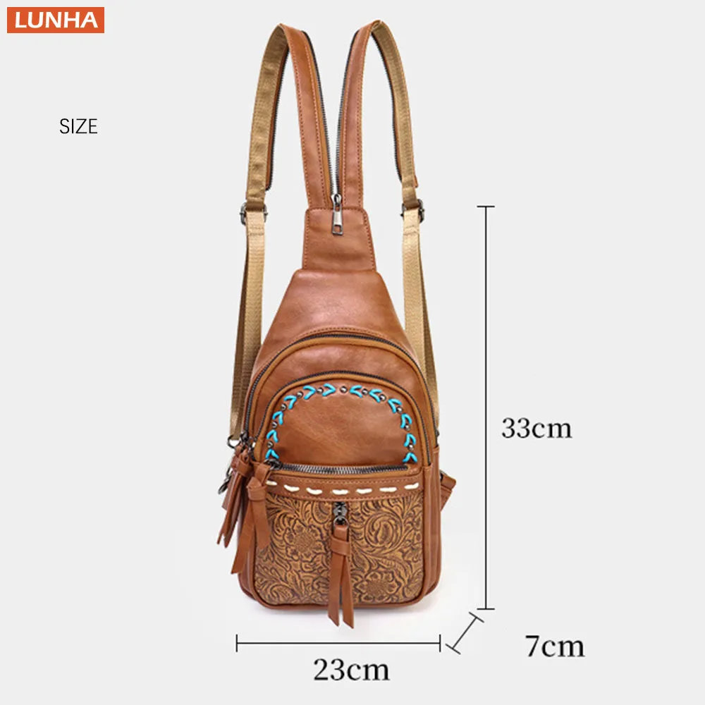 حقيبة ظهر نسائية 2 في 1 على الصدر من جلد البولي يوريثان، نمط منقوش عتيق، متعددة الأقسام، حقيبة نهارية خفيفة الوزن