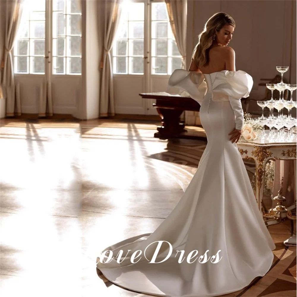 Love Exquisito Sweetheart Lantern Sleeves Stain Mermaid Wedding Dress Elegant Pleat Strapless Floor Length Open Back Bridal Gown