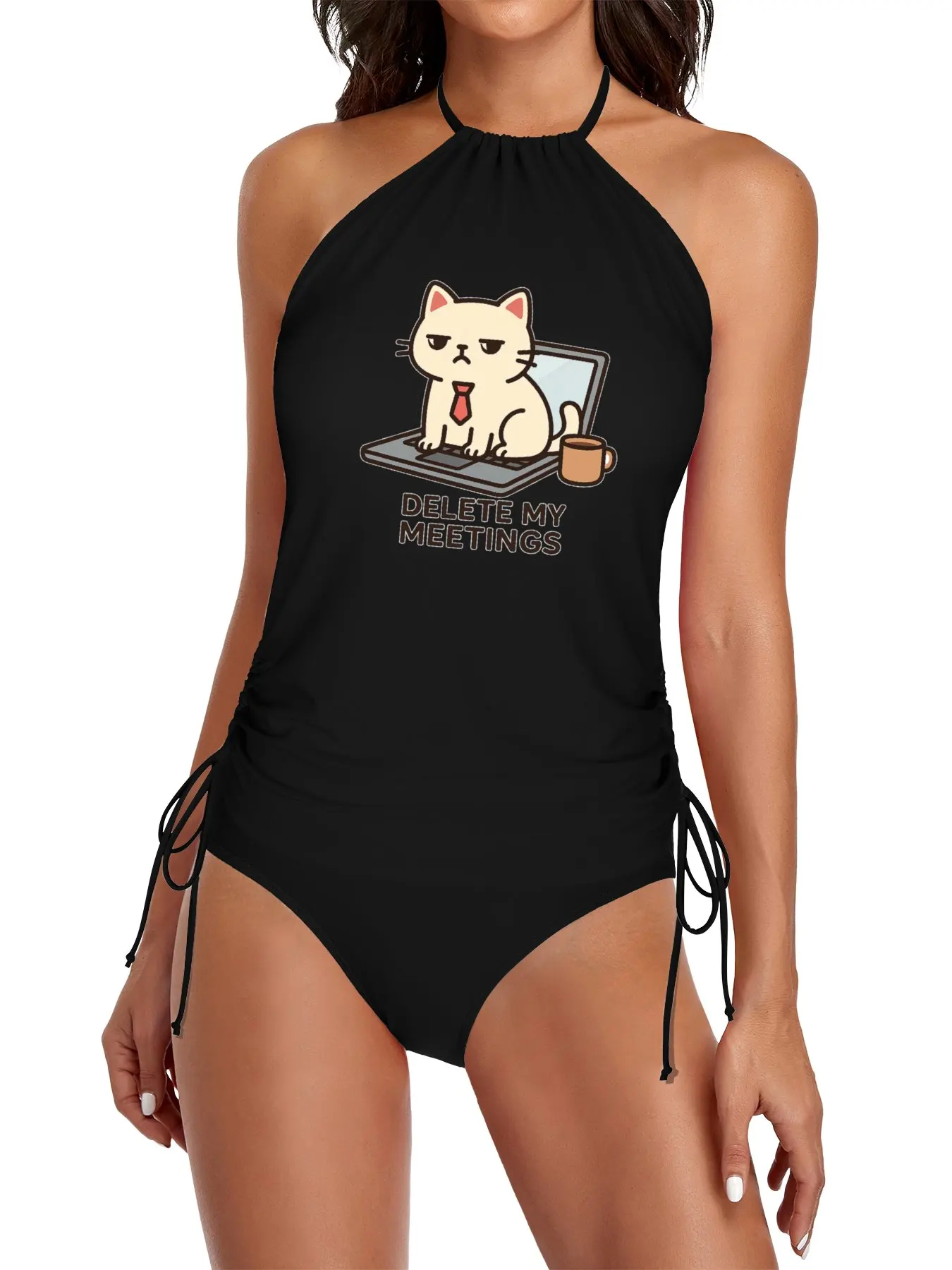 

Delete My Meetings – Funny Cat on Laptop Sticker Split Swimsuit Set Woman beach outfit Summer set woman
