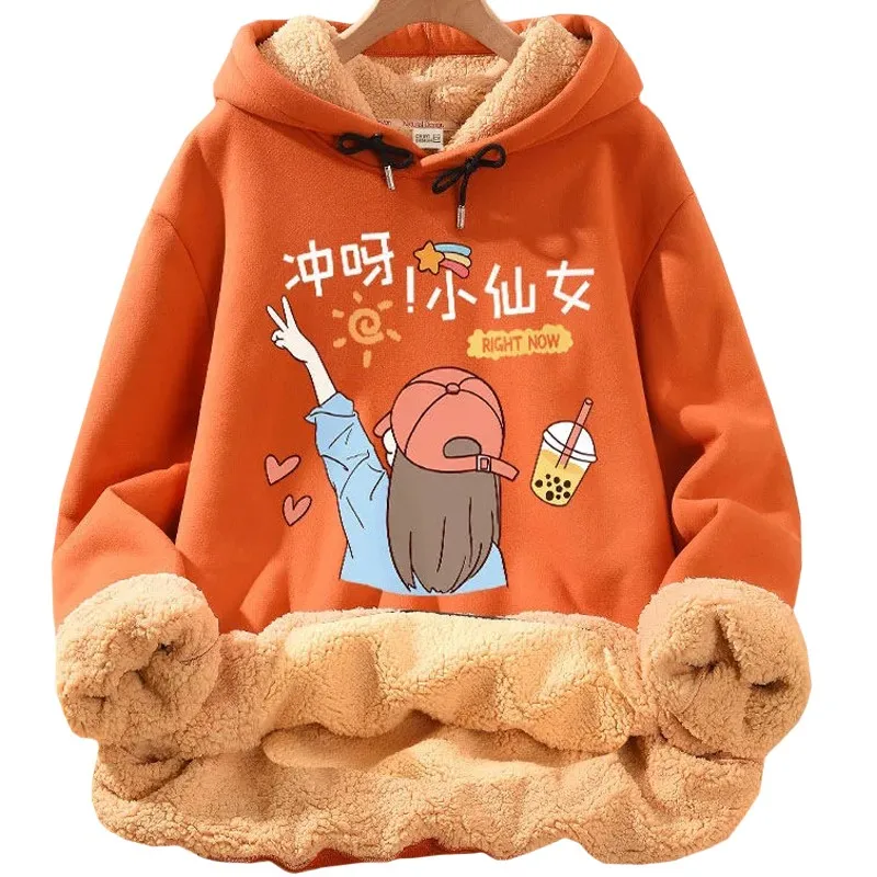 Winter Sweet New Products Sweatshirt Women Fleece Coat Print Vitality Milk Tea Fairy Pullover Orange Red Casual Hoodie Female