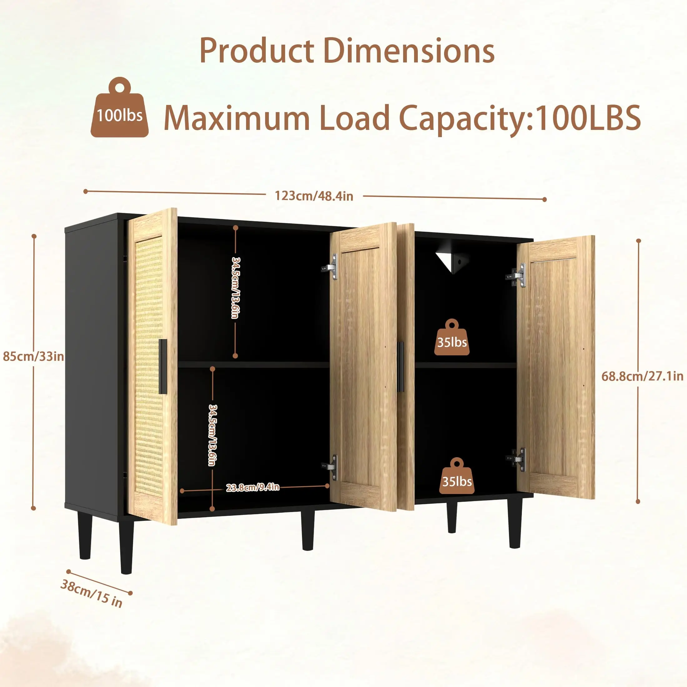 Sideboard Buffet Cabinet, Console Table with Storage, Rattan Entryway Cabinet Credenza Coffee Bar Cabinet with 4 Doors