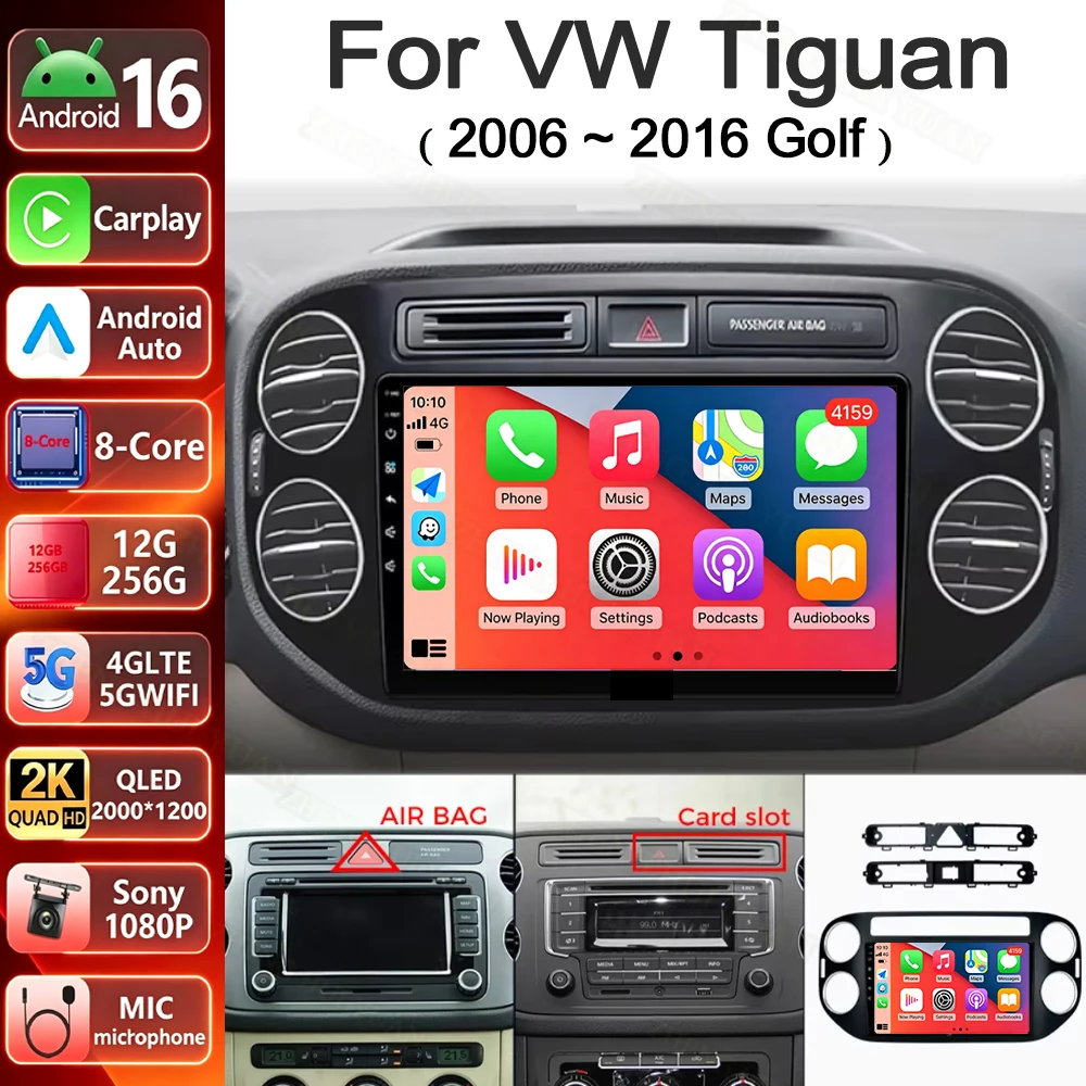 Android 16 Car Radio For Volkswagen VW Tiguan 2006 2010 2016 Golf Plus Wireless Carplay Auto Car Stereo Multimedia Player 4G GPS
