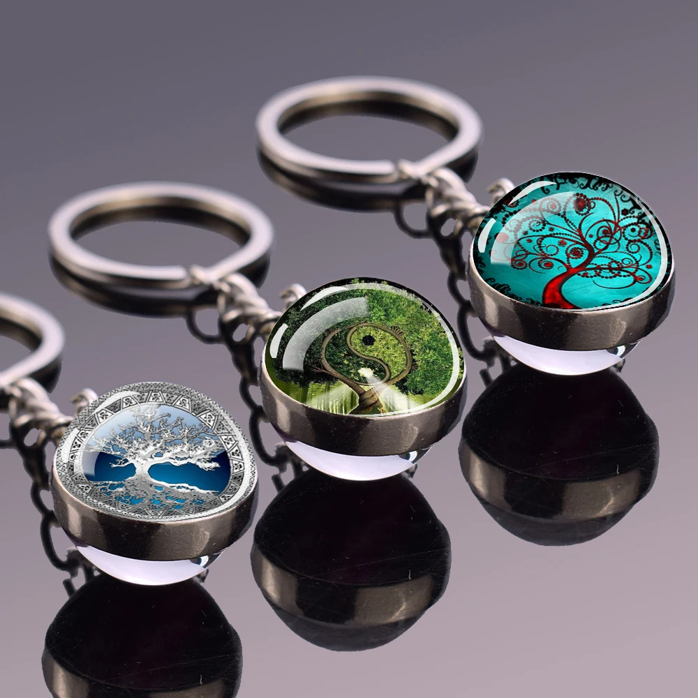 Life Tree Keychains Tree of Life Two Sides Glass Ball Pendant Key Chain for Women and Men Plant Keyring Lucky Jewelry Party Gift