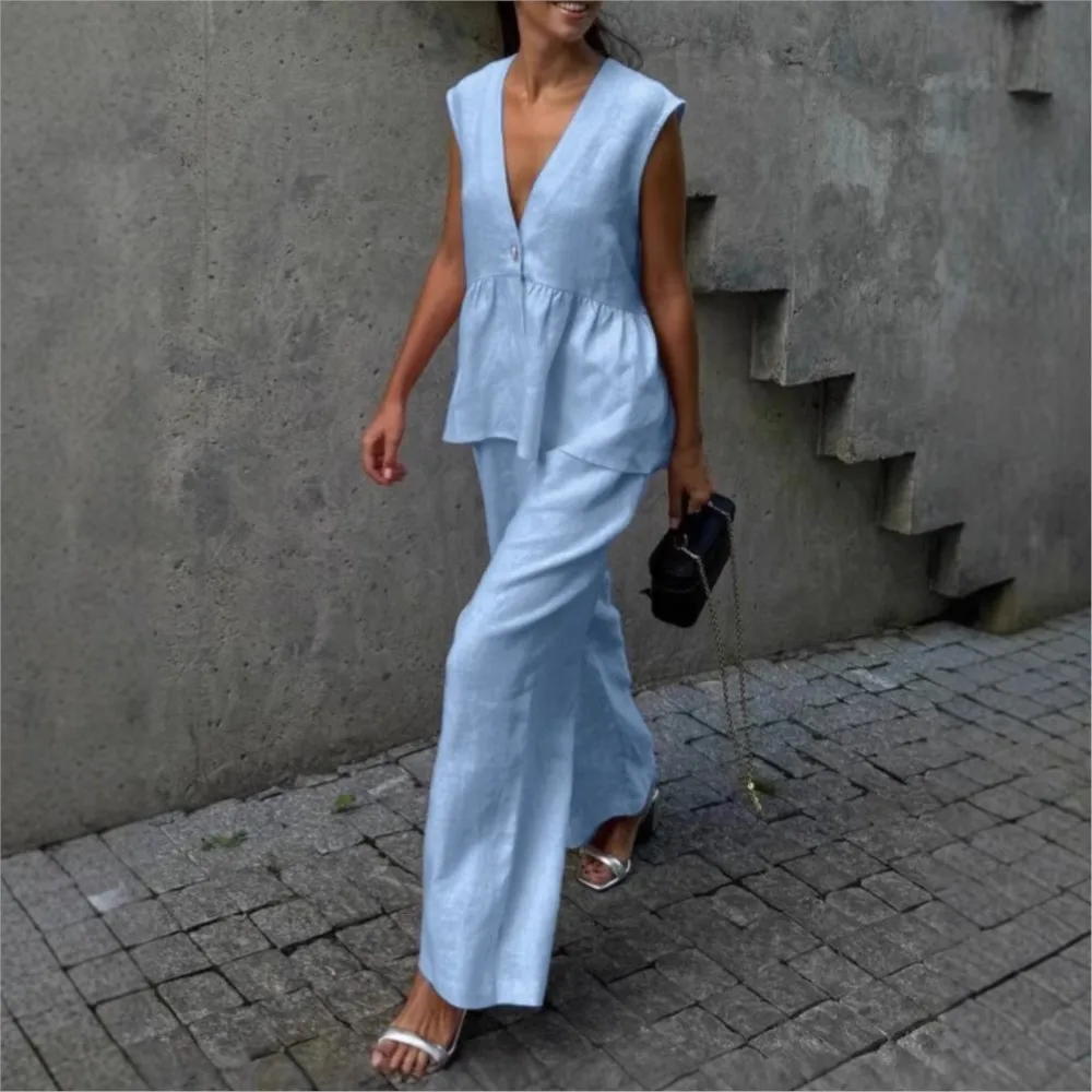 

Casual Sleeveless Vest V Neck Blouse Trousers Cotton Linen 2 Piece Set Summer New Solid Color Loose Trousers Female Suit 2025