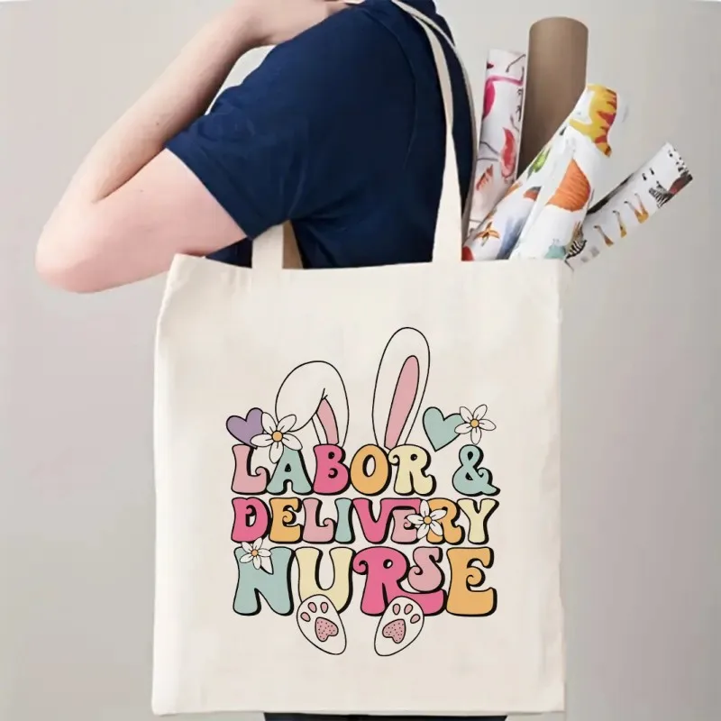 Easter Nurse Print Tote Bag Women Shoulder Handbag Cosmetic Bag Canvas Large Capacity Shopping Bag Travel Pouch