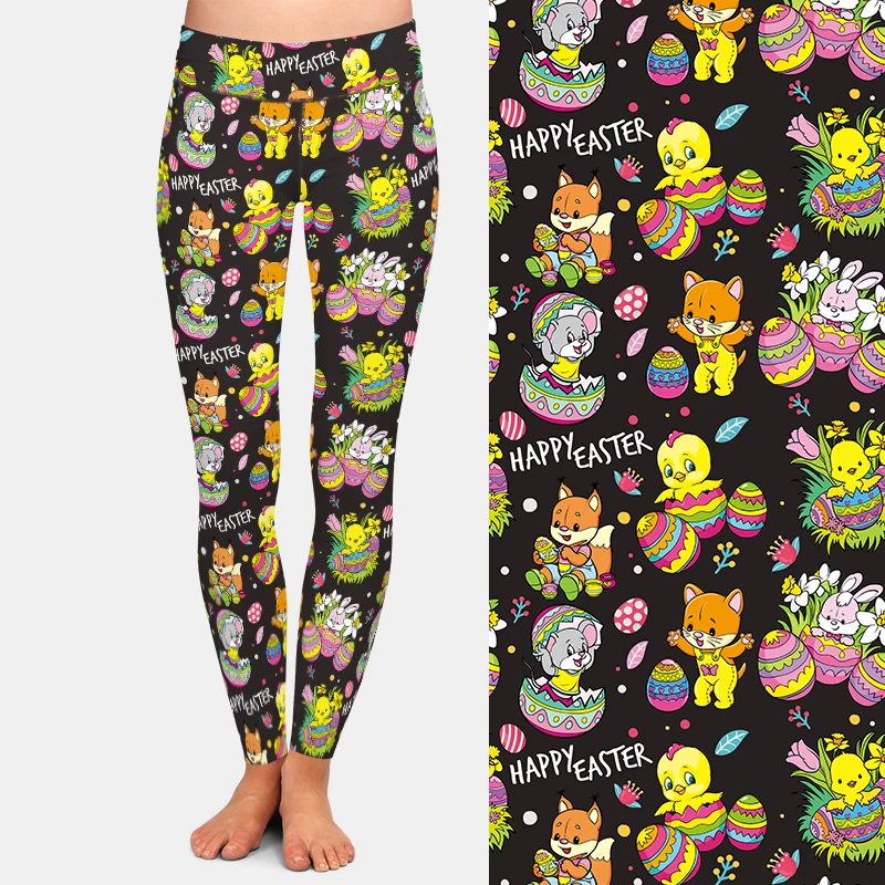 Letsfind primavera 3d feliz animais de páscoa e ovos imprimir feminino leggings elásticos de cintura alta aptidão magro leggings