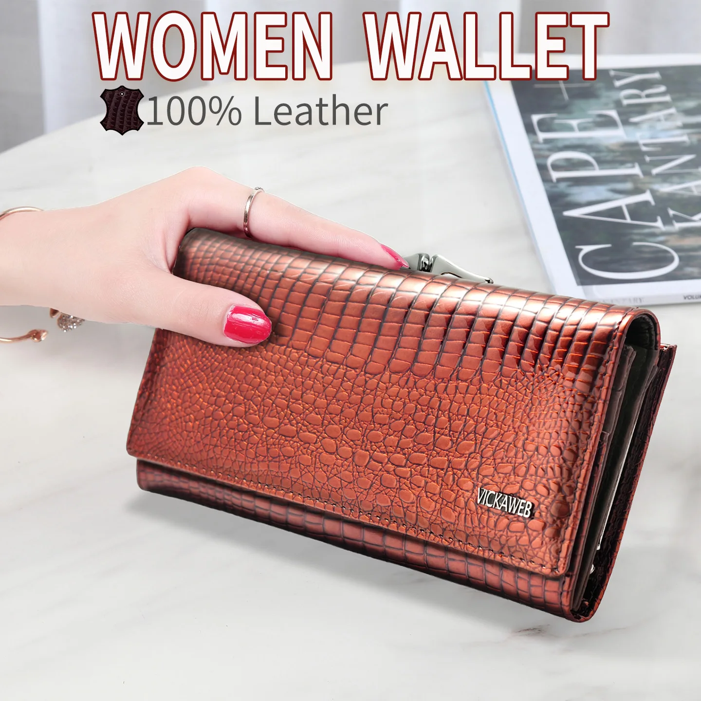

Women's Large Hasp Genuine Leather Snap-Fastener Wallet Luxury Brand Design Ladies Card Woman Long Red Big Capacity Clutch