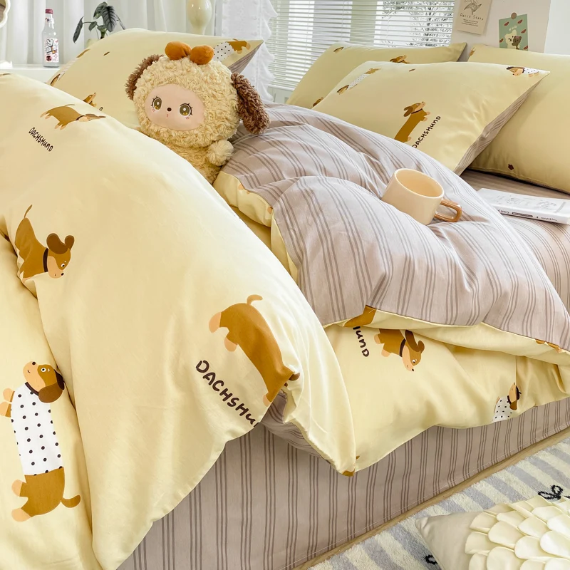 Cute Dachshund Duvet Cover Set Queen 100% Cotton Bedding Cartoon Dog Puppy on Beige Comforter Covers for Kids Girls Boys Woman